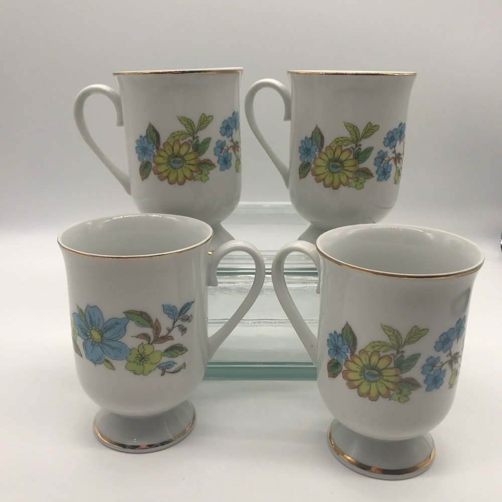 Royal Domino Collection Vintage Tea cup Blue Garden Floral set of 4 coffee cups